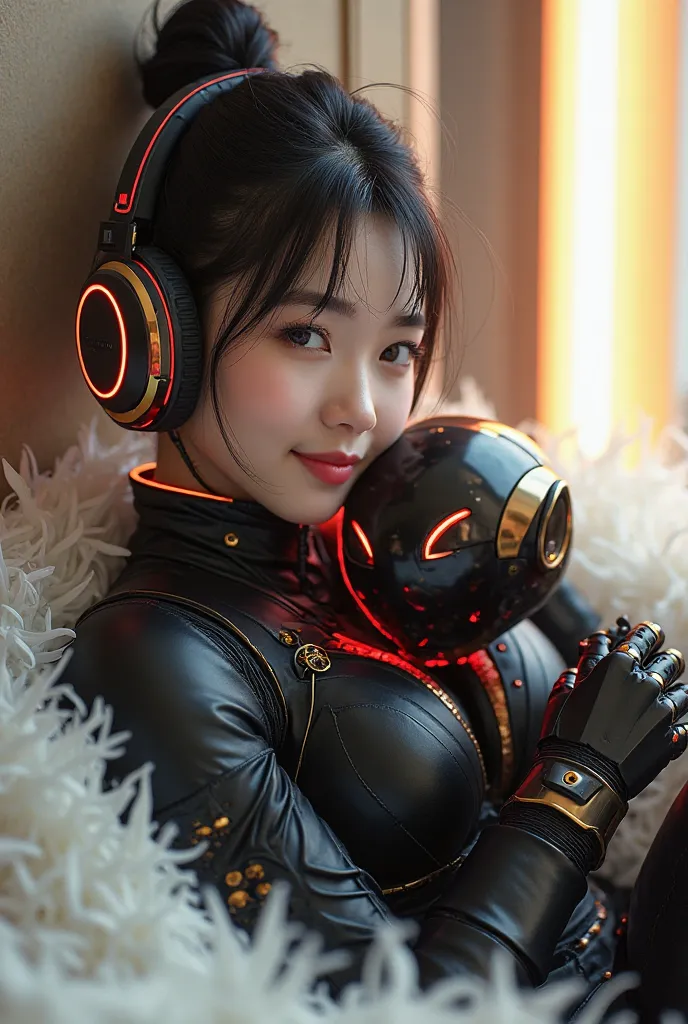  Close-up, staring sweetly smiling ,Sundanese female knight, Young and Beautiful ,Elegant black hair in neat bun, clean white skin ,ideal solid body,ideal solid chest ,Wearing Robot-Style Combat Armor,Sexy dan body slim fit,modern futuristic and sophistica...