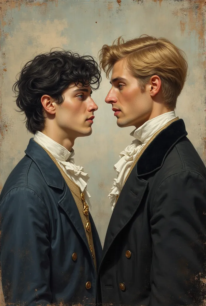 Crie uma pintura de two men com a mistura do estilo de François e Monet, two men,The man on the right is blond and tall,his expression is strict and serious and the man on the left is shorter than the man on the right, The man on the left has wavy black ha...