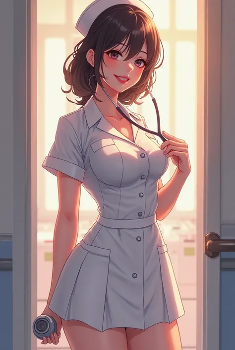 (masterpiece, best quality, ultra-detailed), ((Largebreast)),((no nurse cap)),anime-style, beautiful nurse, white nurse uniform, short skirt, stethoscope, warm smile, hospital background, soft lighting, ((no nurse cap)), elegant hairstyle  