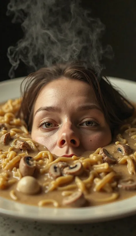 Ultra-realistic 4K cinematic image of a woman's face emerging from a plate of creamy stroganoff, as if submerged in the thick, rich sauce. Her eyes are open, staring blankly with a neutral, almost hypnotic expression. Her skin appears moist and glistening,...