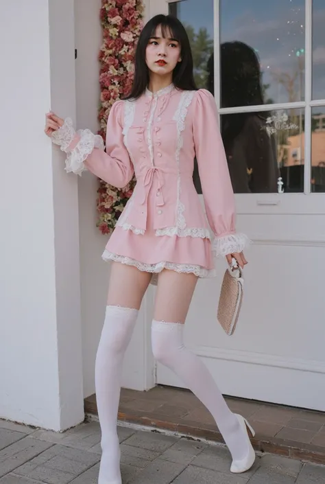 ( 1girl :1.1), cute, Innocent, korean idol, looks pure, 4K, RAW photo, (photo realistic:1.37), ultra high res, best quality, small round face, big eyes, extremely detailed face, extremely detailed eyes, slender, slender legs, slim legs, wearing thigh-high ...