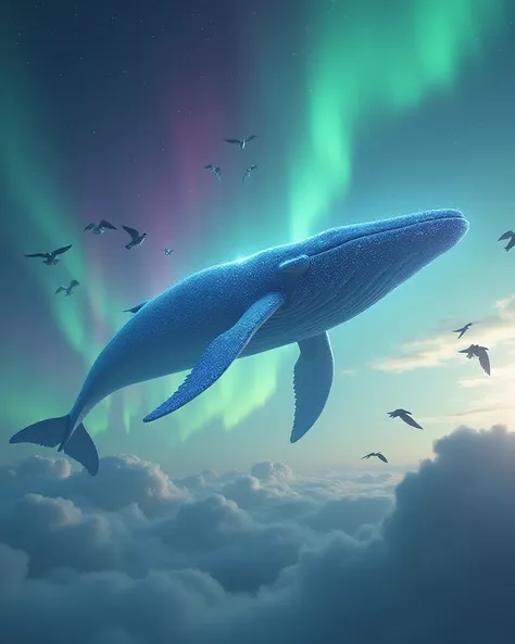 A massive, ethereal whale gliding gracefully through a sky filled with colorful auroras, with birds flying alongside it.