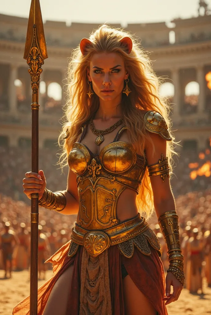 "A powerful lioness warrior dressed in golden gladiator armor, standing in the center of a grand coliseum. Her piercing amber eyes radiate dominance, and her flowing mane glows under the torches. She holds a massive golden spear, her muscles tensed, ready ...