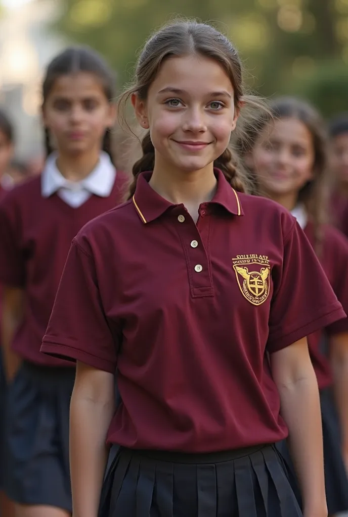 photorealistic image of school students wearing an old money-style maroon uniform whose upper part is a polo shirt for men who wear pants and women who wear skirts with the logo of the Salvatore D'Angelo educational institution