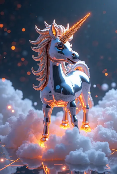 liquid metal unicorn stepping on a cloud of digital currency，mane is a flowing gold particle，The background is a blockchain grid，3D cartoon rendering style--ar 1:1