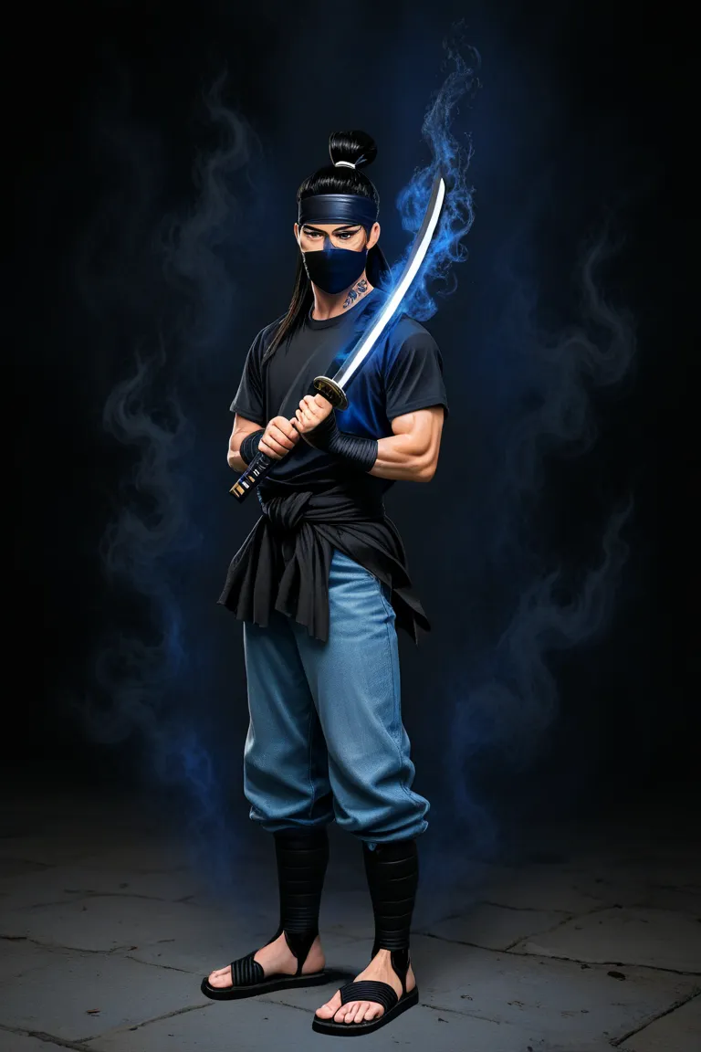 japanese man, ninja man, 18 years old, wearing a half mask, headband, long hair tied up, wearing a short t-shirt, tight jeans, hands wrapped in black cloth, feet wearing ninja sandals, body with dragon scales, carrying a katana, face tattooed on the left s...