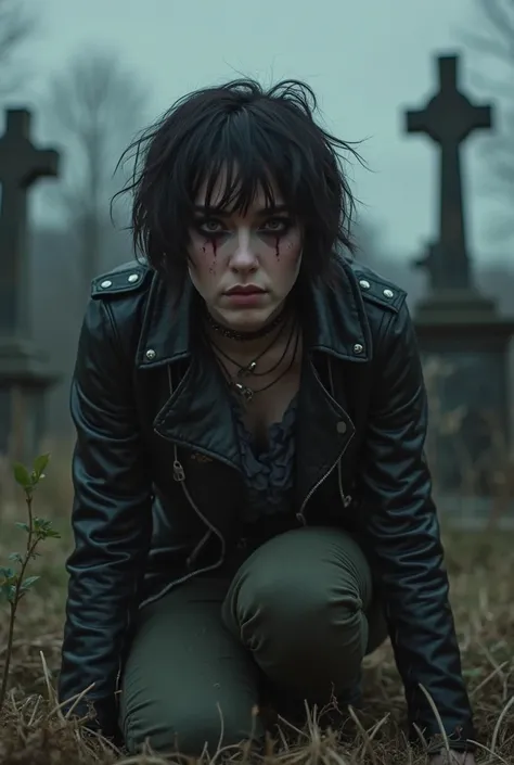 Woman 33 years old EMO STYLE very big short hair messing up clothes bikers leather SEXY on the knees cry very sad unhappy at the knee in front of the graveyard , , photo reel