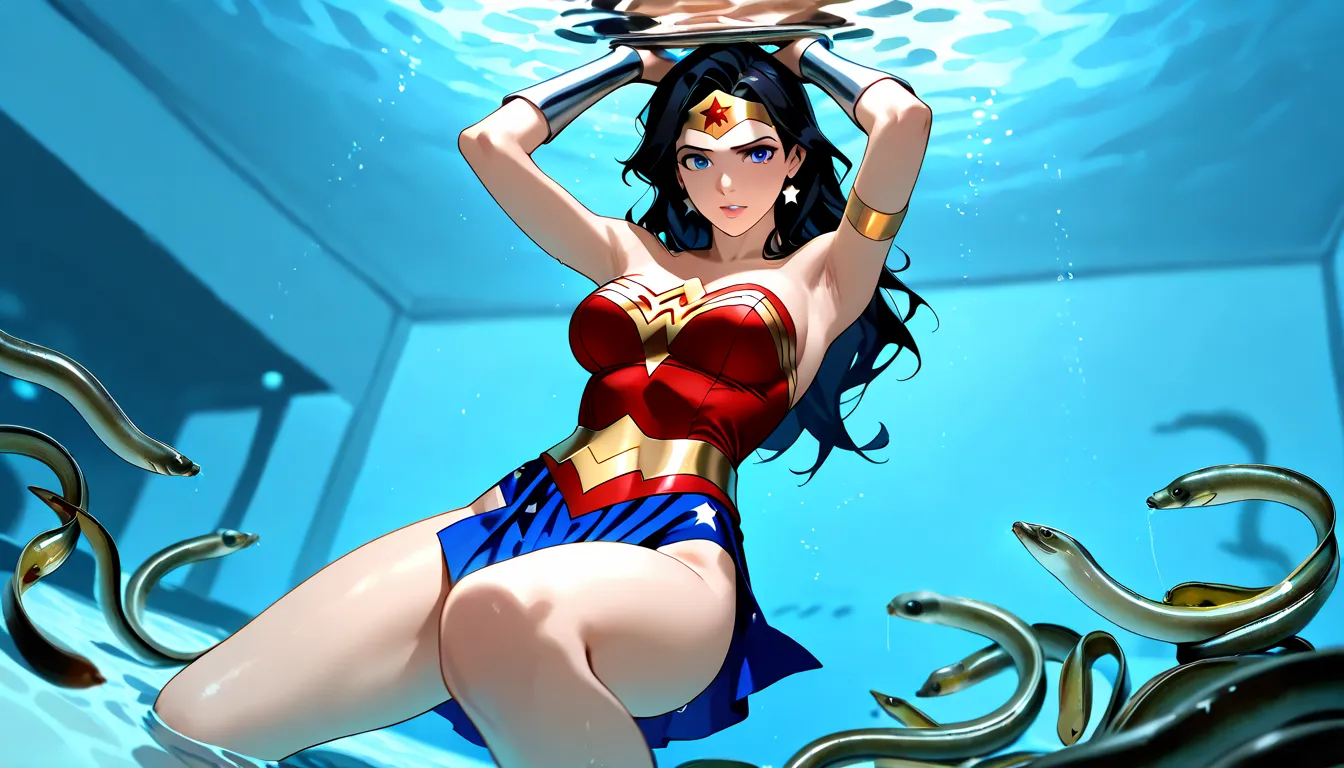 masterpiece, high image quality, １Wonder Woman has a beautiful face、In a large aquarium、There are countless eels swimming in the water、Wonder Woman's hands are crossed behind her head and her wrists are fixed with a belt、The upper arms are on the side of t...