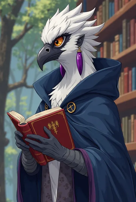 A Hawkeye (Brazilian harpy) anthropomorphic, wearing purple earrings. Tall body, he wears a dark blue cloak detailed in gold. It has a feathered body ( white and greyish blue feathers ). He's in a library, In the houses in the trees,  holding a book , scre...