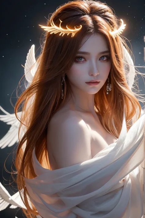 "A highly realistic and detailed depiction of a divine and enigmatic angelic being with a striking fusion of light and darkness. The figure has a tall, ethereal presence with a chiseled, statuesque body, luminous pale skin, and flowing auburn hair cascadin...