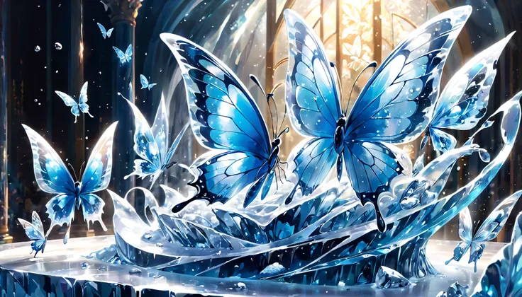 has the best quality, very good, 16K, Absurd,  Extremely Detailed, Beautiful, A gorgeous and dynamic depiction of , Ice Sculpture,  many butterflies made of ice,  blue, Blu-ray,  blue渐变, Full blue