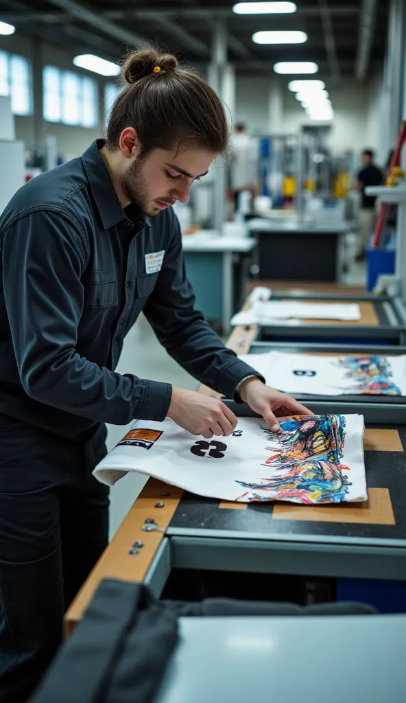 A worker places a sports shirt on the press, making sure it is properly aligned. The design printed on a transfer sheet can be seen.