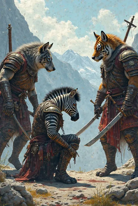 A zebra dressed as a warrior stands on one knee after losing her fight. Standing in front of her is a wolf, samurai, and a tiger warrior. 