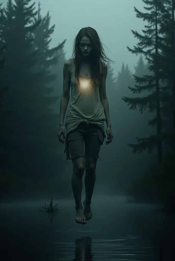 "A pale, empty-eyed  floats silently above a dark lake, amidst a dense, misty forest. Her clothes are dirty and ragged, the disheveled hair hangs as if moved by an invisible wind. The water below her is immovable, reflecting her distorted figure. Shady sil...