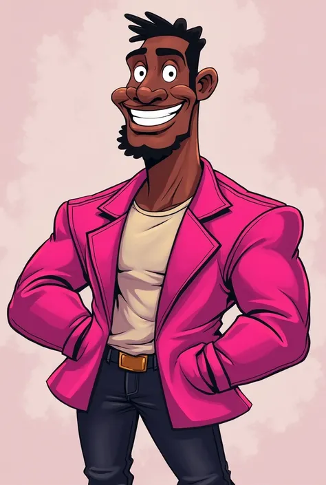 Cartoon of black man in bright pink jacket