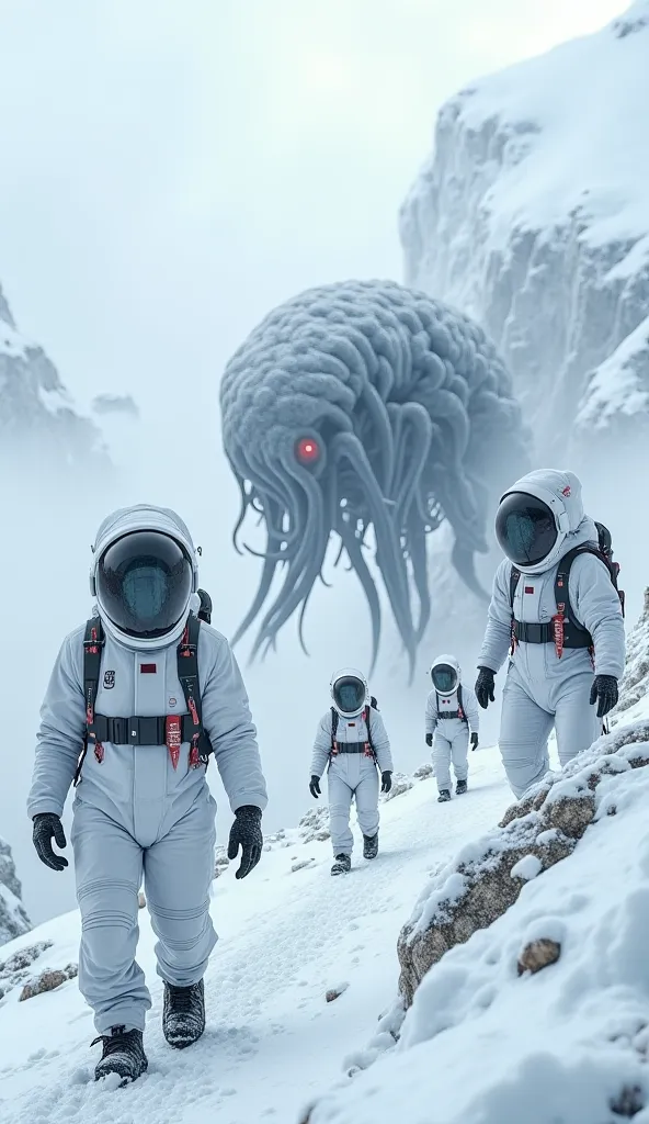 researchers with white radiation suits, observing an alien creature on a snowy mountain, super realistic details, hd, shocking