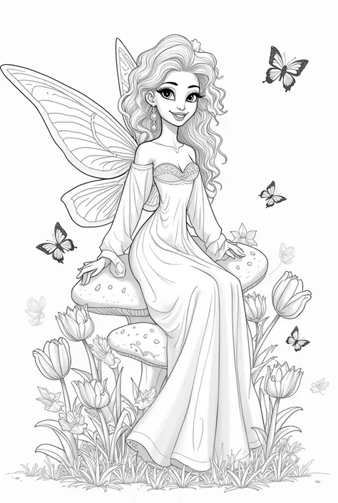 Coloring book image, line art, 3D, fantasy style, a beautiful African American fairy, with elegant wings, with white skin, white long curly hair, bright eyes, smiling with broad lips, wearing a beautiful flowing dress with long sleeves, sitting on a mushro...