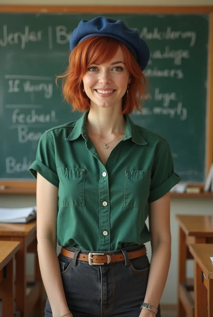 40 years old big boobs/short red hair,  light leather balcony, mature woman ,Brown Eyes, smiling lips,  legs, French teacher in the classroom with the blackboard in the back, blue beret, green short-haired shirt