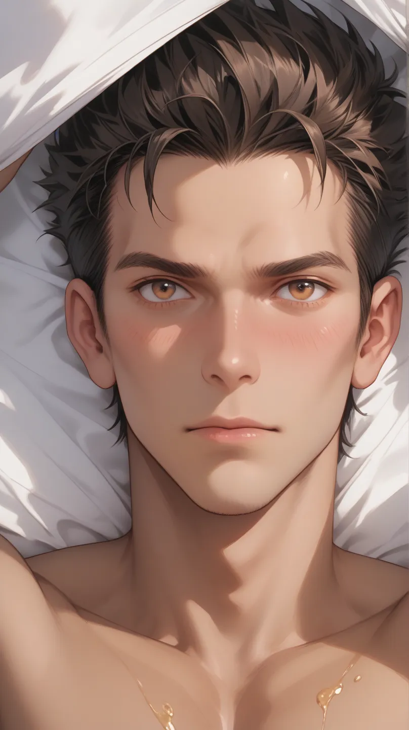  a male character, brown skin and a strong body, dark brown hair, smooth and with fringes over the forehead, the character has bear ears. The character's eyes are honey-colored. The character looks embarrassed at the camera hiding his body behind a white s...