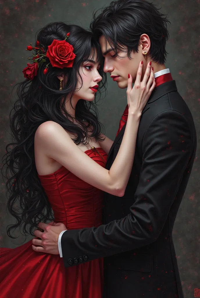 Make a couple, Their background is dark, Mysterious. A is wearing a red dress and a rose in her hair, black hair and long, she holds the face of the man who looks at her, He's dressed in black. 