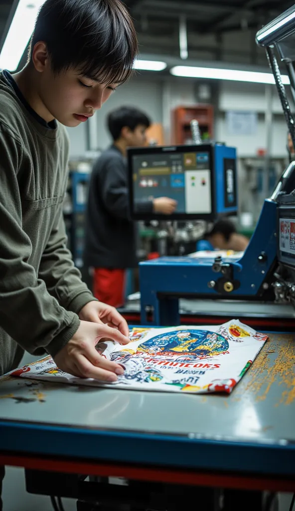 A worker places a sports shirt on the press, making sure it is properly aligned. The design printed on a transfer sheet can be seen.