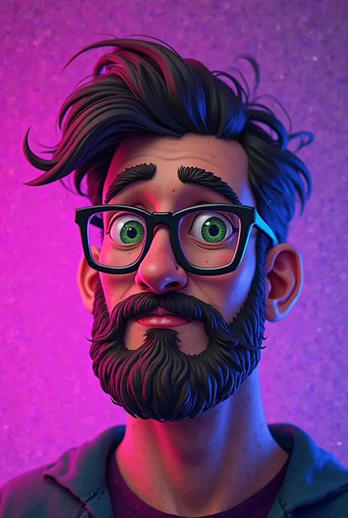 A slightly bearded, brown-green eyed boned developer's face with very little beard with glasses like a cartoon character, with purple rgb lighting on the back 