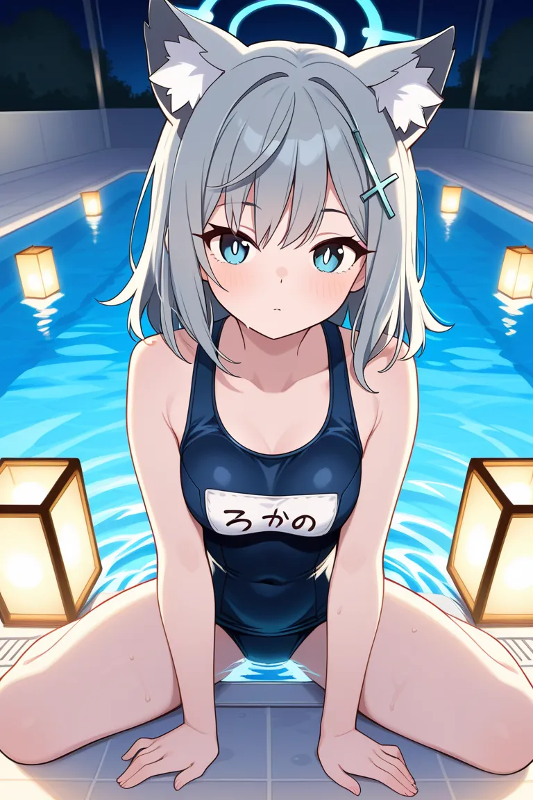 Hi-Res。high image quality。　naked。半naked。 Satou Shiroko。 Sunao Okami Shiroko。Game『blue archive』 characters。 Lantern。I'm wearing a school swimsuit。Playing in the pool。Hi-Res、high image quality、 Satou Shiroko、 Sunao Okami Shiroko、Game『blue archive』 characters...