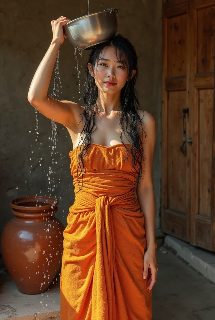  "A chinese actor woman wearing a wet, body -hugging orange cloth wet wrapped wet ( Towel ) all round her body in a style that resembles someone having just bathed. The wet fabric clings closely to her body, high lighting her shape. She is pouring water  h...