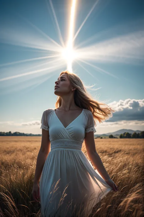 "An ethereal and emotional image of a ray of light gently descending from the sky, illuminating the silhouette of an adult woman standing in a field of tall grass. The atmosphere is melancholic and serene, with soft shades of blue and gold, creating a sens...