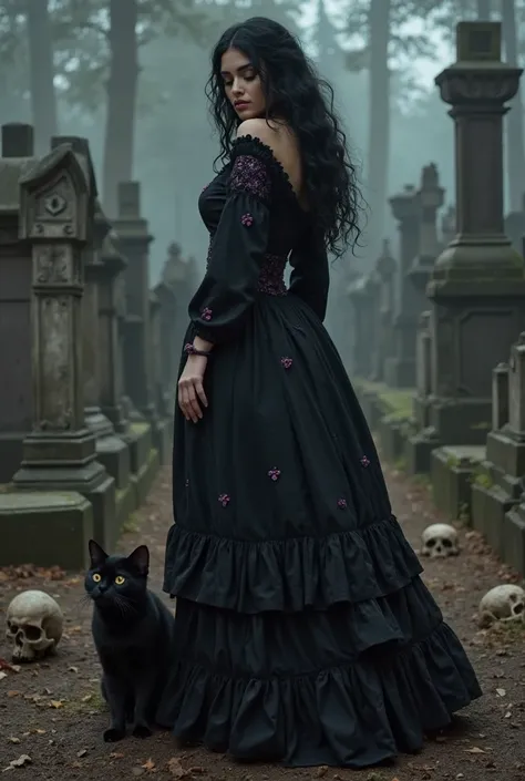  A woman, black hair, long and wavy ancient sickle,black dress with small dark purple details, ancient, of the period, black round skirt with black ruffles,A black cat around, fundo da imagem um cemitério ancient, headstones around,  darkness , atmosphere ...