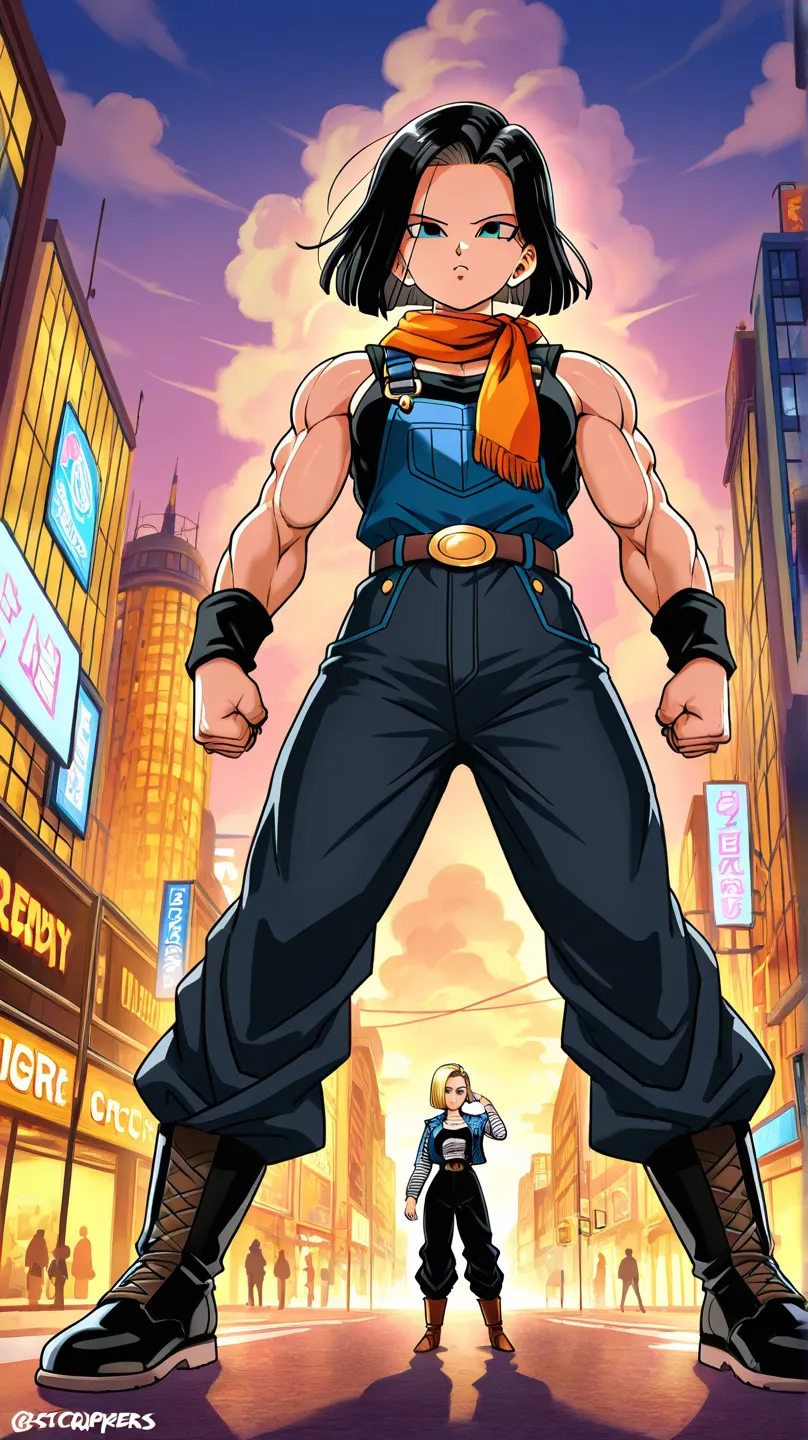 Create the character of the very muscular Android 17 Dragon Ball  in a city 