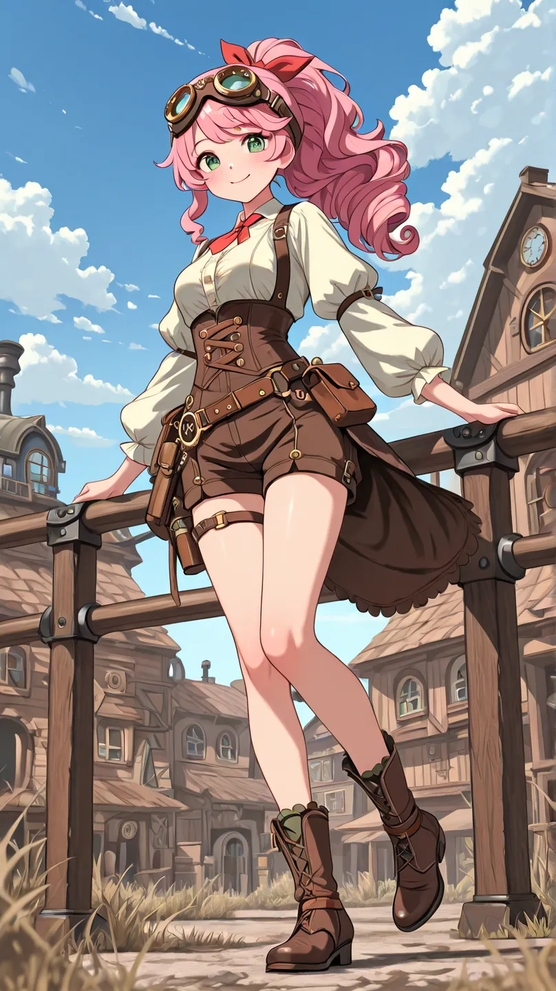 highest quality。masterpiece。detailed details full body 。one woman。 pink hair long curly hair ponytail 。 green eyes. cute steampunk cowgirl outfit 。vtuber style. goggles on head. Cheerful smile. The background is a western style town, dusty wind, blue sky a...