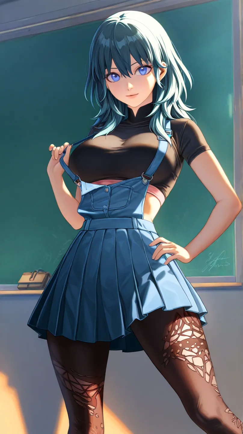 Byleth, sexy, with long braided hair and dressed up as a anime student with a sports bra and small skirt with leggings 