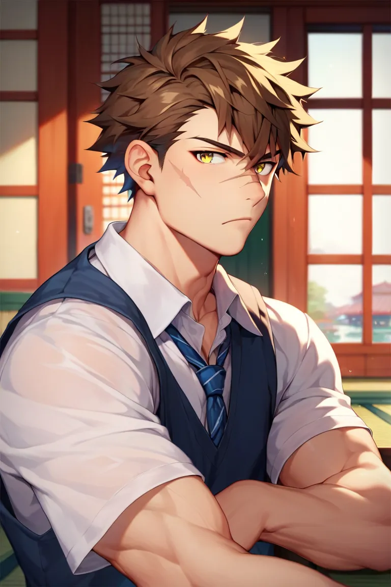 sole young man, modern school uniform, muscular, wide shoulders, serious, frowning, brown hair, yellow eyes, doudanuki masakuni, messy hair, traditional japanese house background, inside home, diagonal scar across nose, hair down