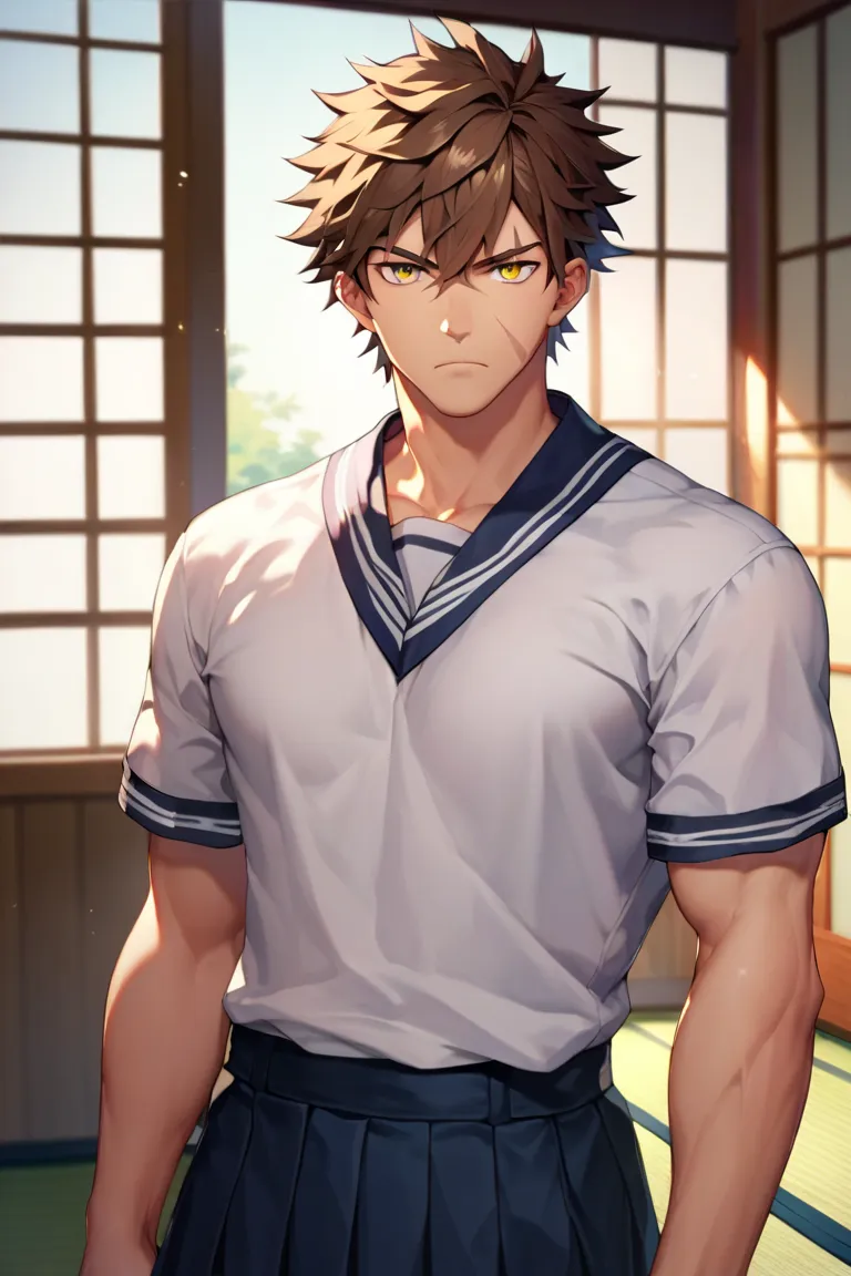 sole young man, modern school uniform, muscular, wide shoulders, serious, frowning, brown hair, yellow eyes, doudanuki masakuni, messy hair, traditional japanese house background, inside home, diagonal scar across nose, hair down