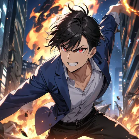 masterpiece, 1 male,  Asian style haircut, black hair, 5 fingers, blue suit, camisa blanca, black pants, angry,  smiling, Bright red eyes, dynamic pose, action pose, epic effects, in the background a building at night, destroyed, fire particles, high quali...