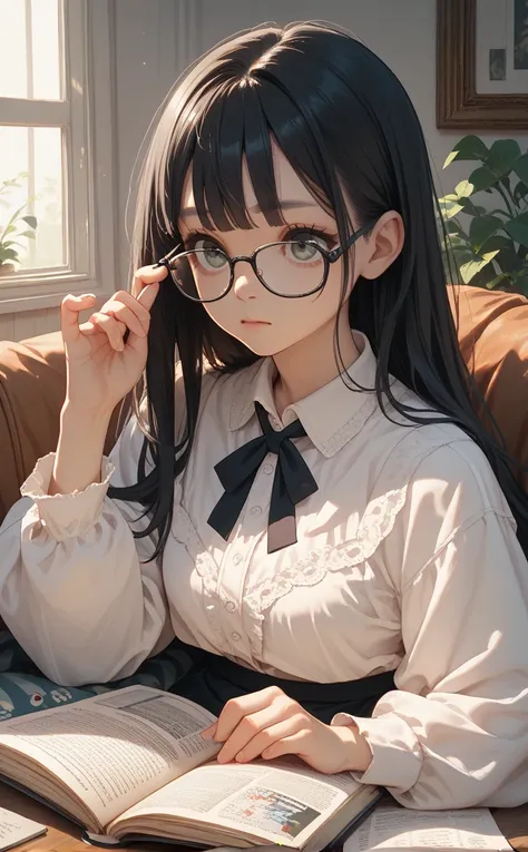  long hair　     black hair　white blouse　check skirt　Baby Face　anime style　 reading　Glasses