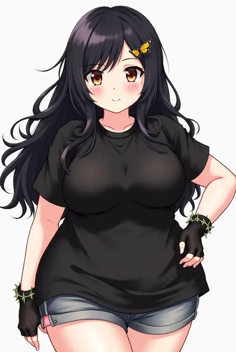 Woman, anime style, adult, chubby girl, big boobs, long wavy black hair , rockery style black shirt, small shorts, brown eyes, butterfly wing clip, bracelet with thorns , black gloves open on the fingers.