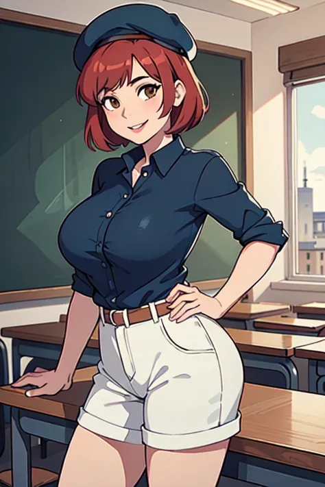 40 years old big boobs/short red hair,  light leather balcony, mature woman ,Brown Eyes, smiling lips,  legs, French teacher in the classroom with the blackboard in the back, blue beret, green short-haired shirt