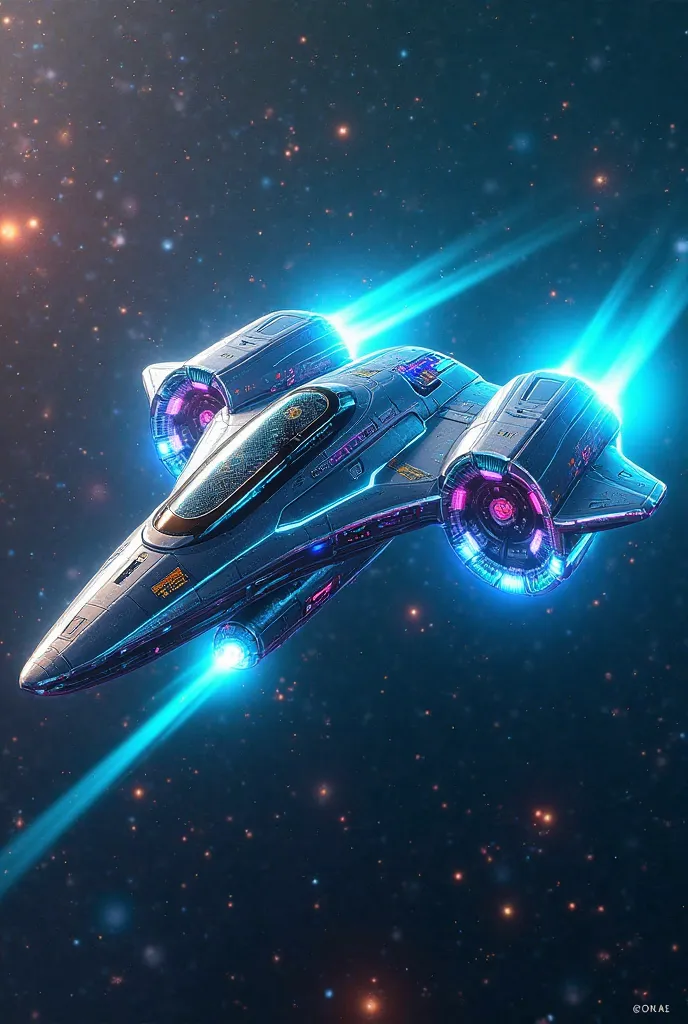 "A futuristic space combat aircraft with a highly technological and advanced brightness design. } The fuselage is aerodynamic and coated with a shiny metallic material that reflects the surrounding light. The ship displays a vibrant color scheme in shades ...