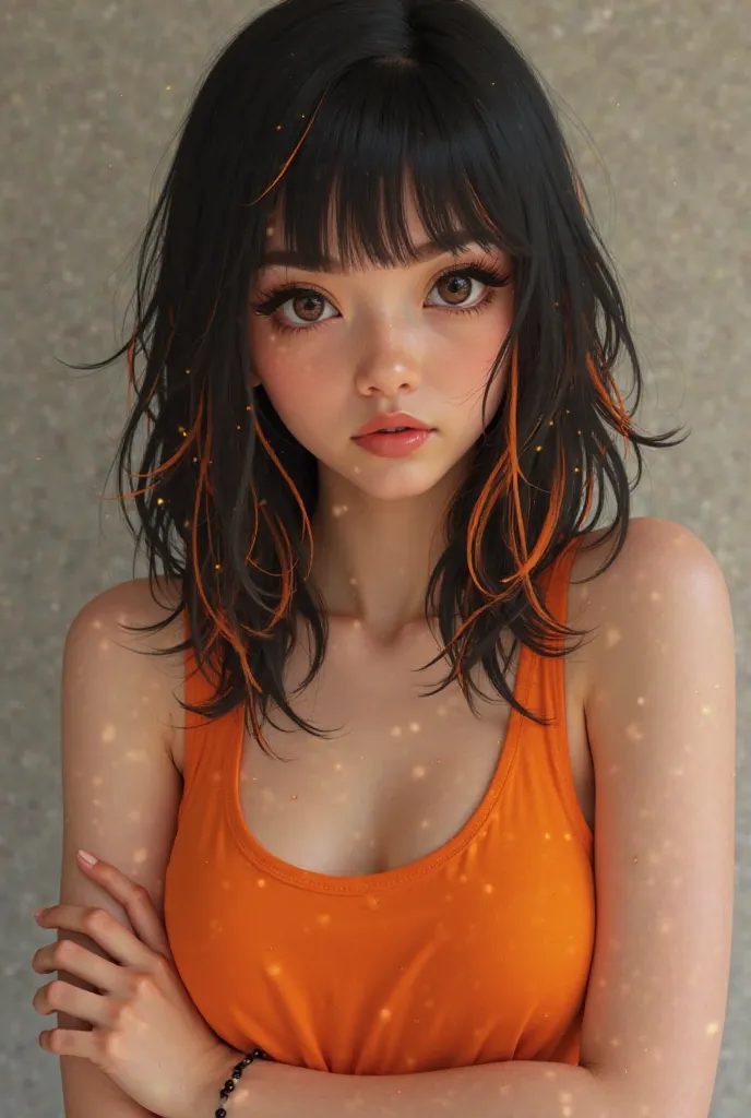 She must be a realistic woman with white skin and brown eyes must have straight shoulder length hair black and orange with orange reflections in her hair and wear an orange tank top and black eye makeup she must have her arms crossed