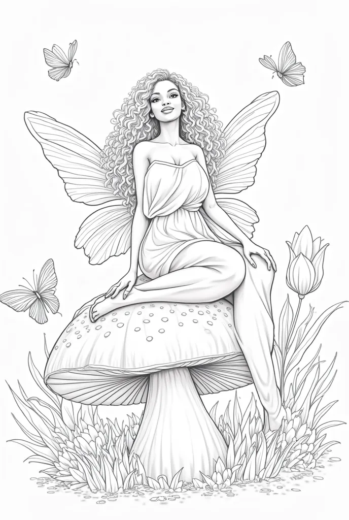 Coloring book image, line art, 3D, fantasy style, a beautiful plus size African American fairy, with elegant wings, with white skin, white long curly hair, bright eyes, smiling with broad lips, wearing a beautiful flowing dress with long sleeves, sitting o...