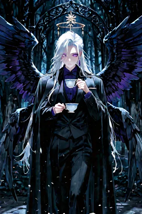 An anime-style illustration of a dark, foggy forest with a black stone gothic mansion. On the second-floor terrace stands Alvard, a 230cm tall figure, styled like the provided image (black suit, purple-tinted eyes). His skin is smooth, white, and porcelain...