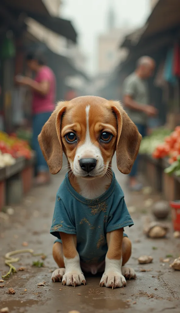 Realistic full-length image of a little beagle puppy with sad and touching look, anthropomorphized, wearing an old and torn blue t-shirt, he is disheveled and dirty, he is sad and crying. He is in the center of the image and in the background there is a bl...