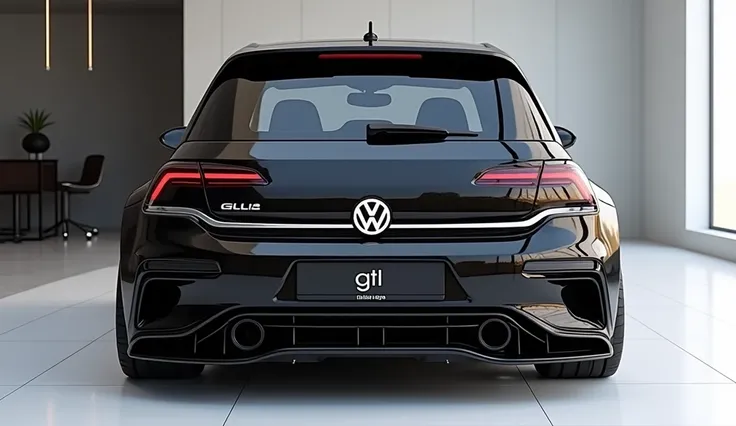  create an ultra-detailed 3D render  (close front view, )of a modern(2025 Volkswagen Golf  gTl)with a bold designy  looking long like limousine captured from (back) The car should feature a 'Gleamy oily (  black color and black accents with a ' (gTl) logo ...