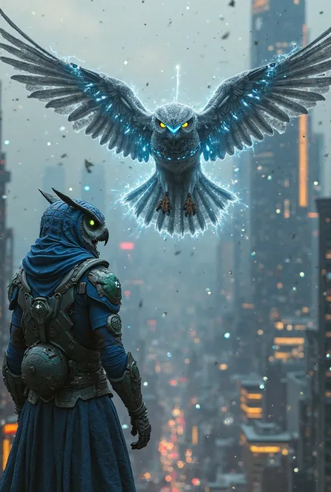 A sleek silver falcon warrior in high-tech armor hovers above a futuristic city, his glowing blue eyes scanning the skyline as electric sparks crackle around him. Opposing him, a cybernetic owl warrior in a deep blue battle suit stands within a digital for...