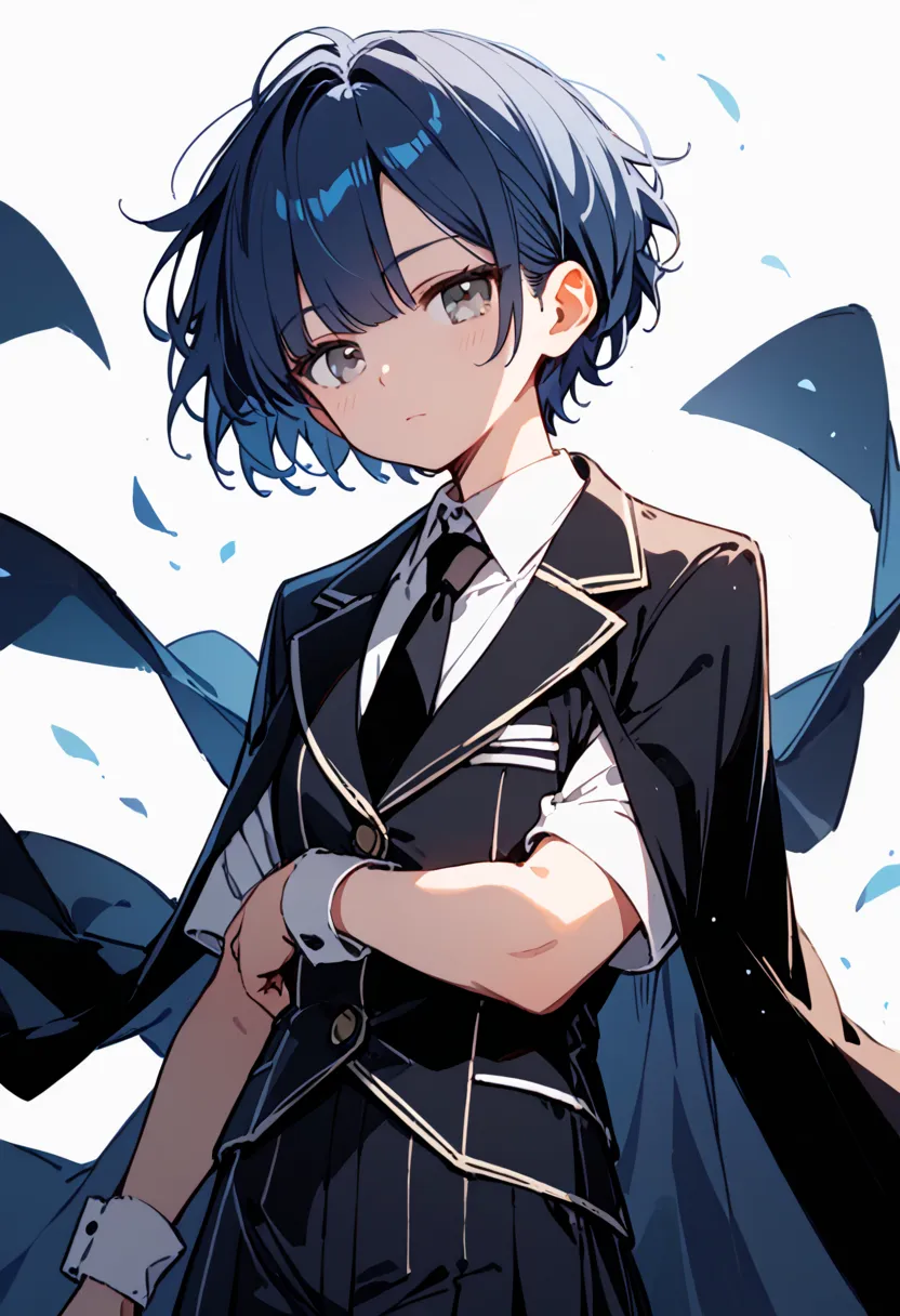 dark blue hair, grey eyes , short hair, formal attire, cape