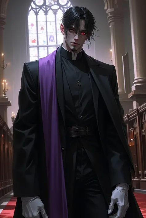 man with dark skin, black hair cut low around the back with a long fringe covering his left eye, pointed goatee, dressed in a priest's outfit, red eyes, white gloves, purple clerical stole, look of superiority and sarcastic smile, inside a church