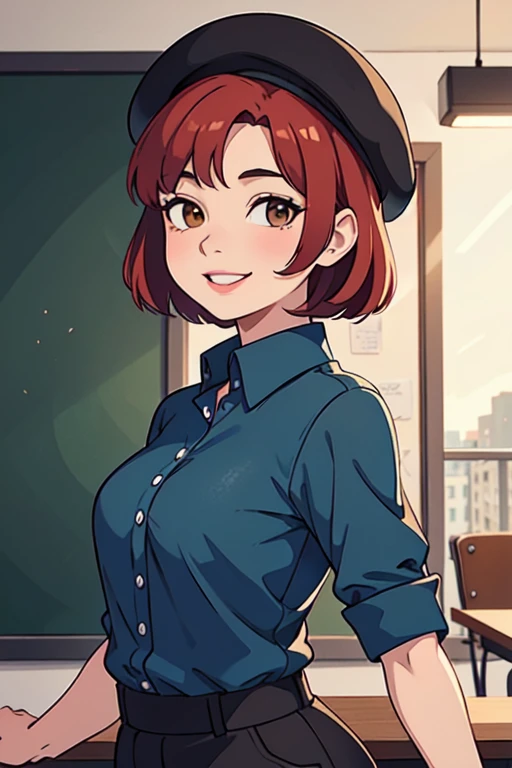 40 years old medium size bobs, Short red hair, cute style,  light leather balcony, mature woman ,Brown Eyes, smiling lips,  French teacher in the classroom with the blackboard in the back, blue beret, green short-haired shirt