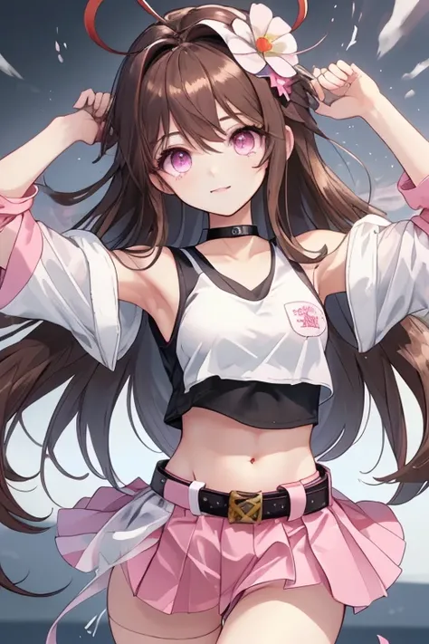  an anime girl,  Pink Eyes, long dark brown hair , ((dark brown hair)),  pink sportswear, good face, cute body, big arms and legs, pleated pink skirt, pink sports skirt, ((Black fitted short top )), Square black sleeveless fitted compression top, ((small w...